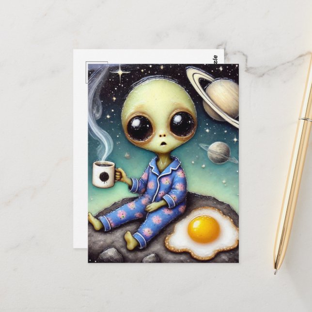Carte Postale Café Alien avec oeuf et café (Devant/Arrière en situation)
