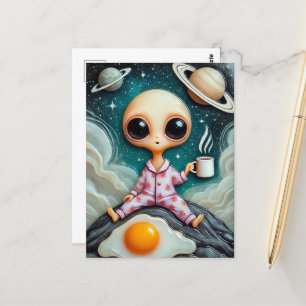 Carte Postale Café Alien avec oeuf et café assis sur le rocher