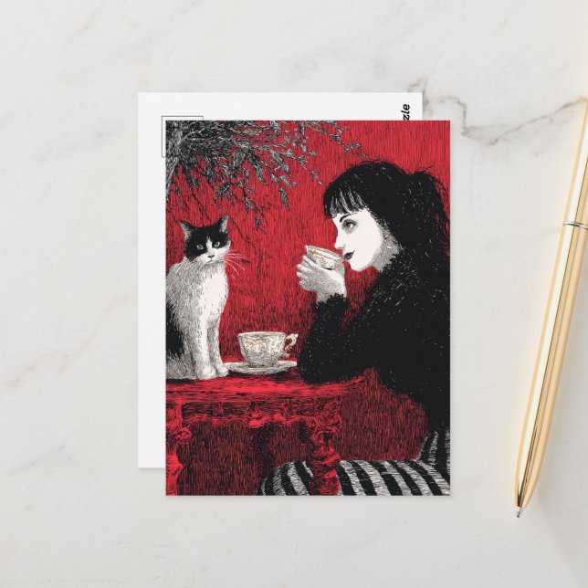 Carte Postale Café avec chat (Devant/Arrière en situation)
