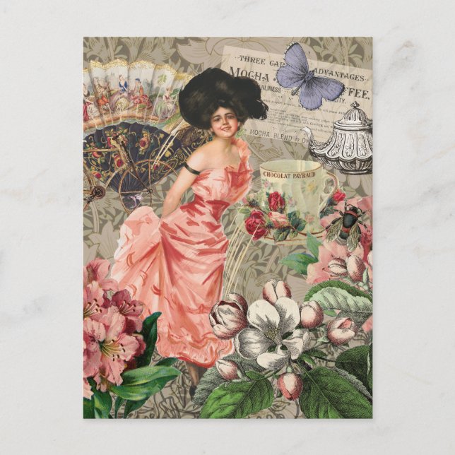 Carte Postale Café Lady Victorian Femme Rose Classy (Devant)