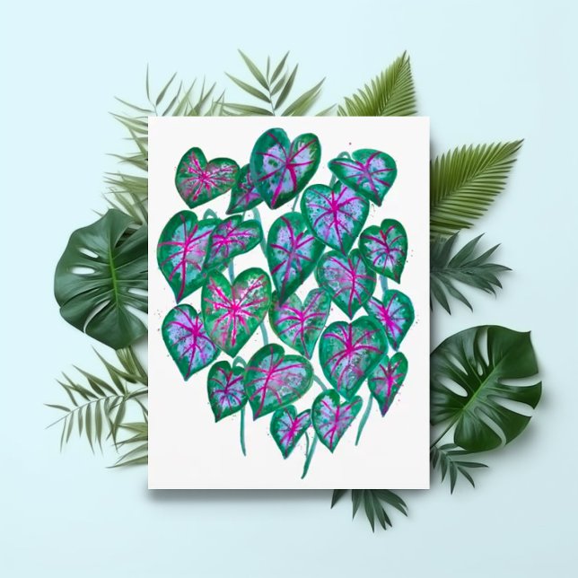 Carte Postale Caladiums Rose et Vert Feuilles Aquarelle Art (Colorful watercolor caladium leaves postcard. Customize with your own text.)