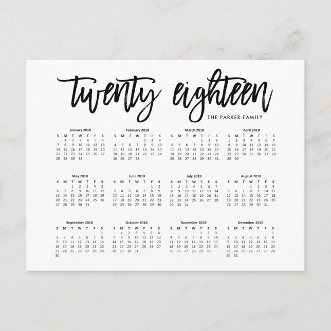 Carte Postale Calendrier 2018 | Typographie moderne (Devant)