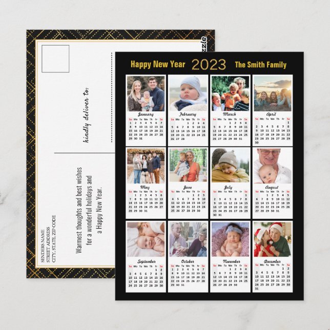 Carte Postale Calendrier 2023 12 Photo Famille moderne Script Or (Devant / Derrière)