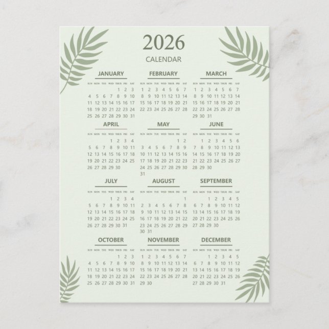 Carte Postale Calendrier 2026 Boho Floral Esage esthétique Vert (Devant)
