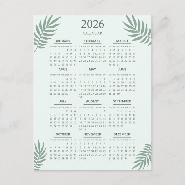 Carte Postale Calendrier 2026 Boho Floral Esthétique Mint Green (Devant)