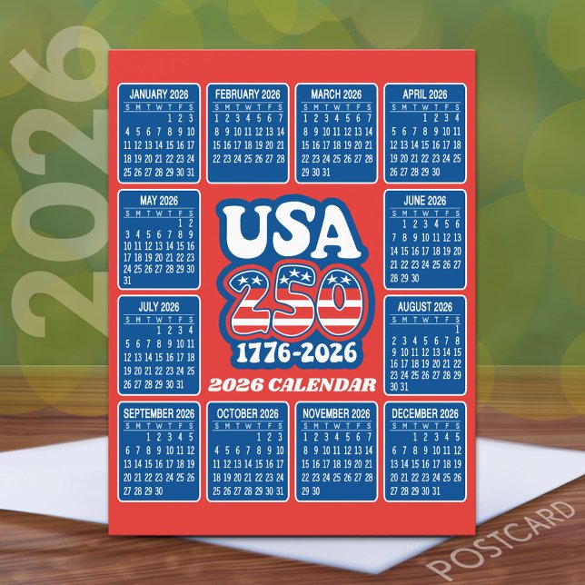 Carte Postale Calendrier 2026 - USA 250 Rouge Blanc Bleu (2026 Calendar on a Postcard)