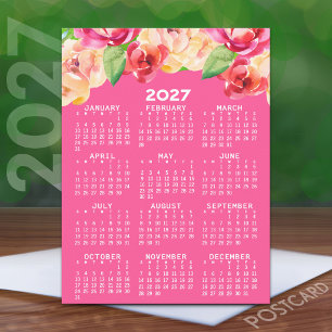 Carte Postale Calendrier 2027 Fleurs aquarelles peintes rose