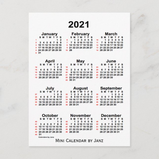 Carte Postale Calendrier blanc de 52 semaines 2021 par Janz (Devant)