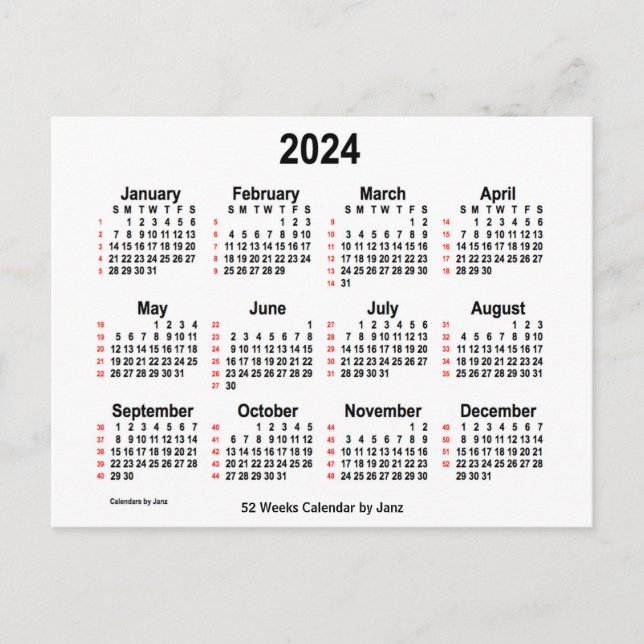 Carte Postale Calendrier blanc de 52 semaines 2024 par Janz (Devant)
