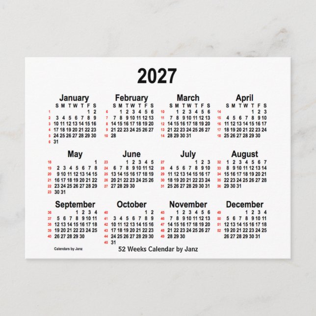 Carte Postale Calendrier blanc de 52 semaines 2027 par Janz (Devant)