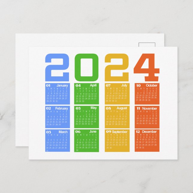 Carte Postale Calendrier Coloré 2024 (Devant / Derrière)