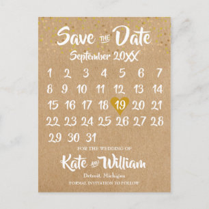 Carte Postale Calendrier de Coeur en Or Rustique Kraft Enregistr