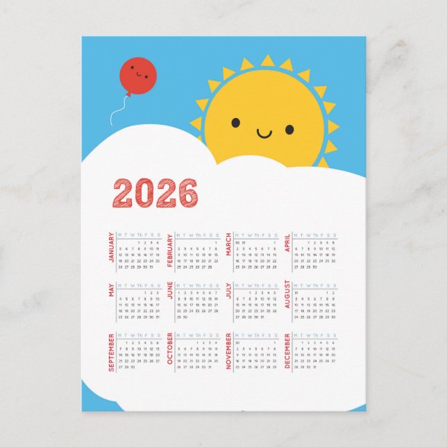 Carte Postale Calendrier de Kawaii Happy Sun 2026 (Devant)