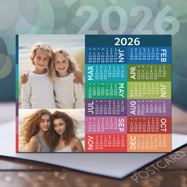 Carte Postale Calendrier et Collage de photos Arrière - plan col (2026 Calendar Postcard)
