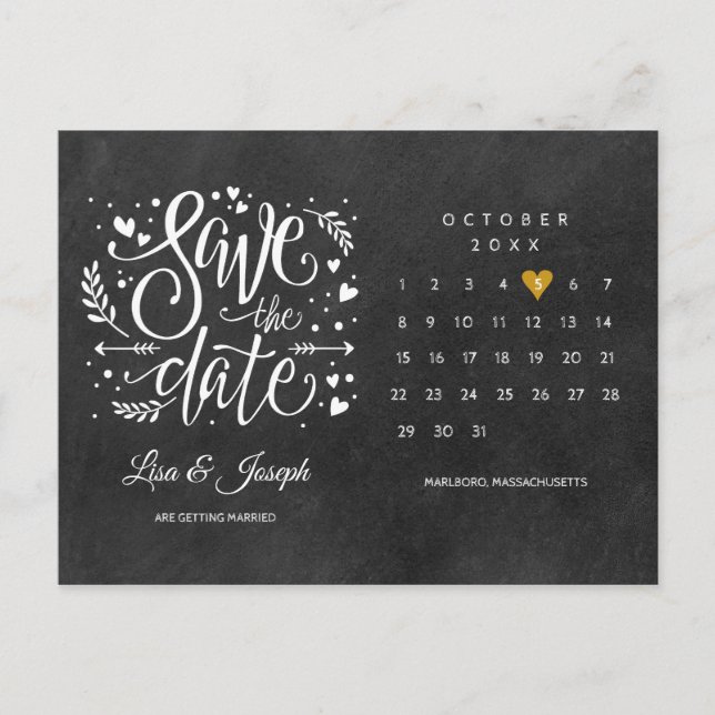 Carte Postale Calendrier Gold Heart Chalkboard Photo Enregistrer (Devant)