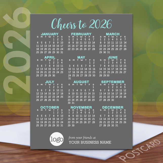 Carte Postale Calendrier Grey Aqua Business Logo - Vacances (2026 Calendar on a Postcard)