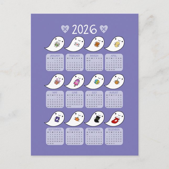 Carte Postale Calendrier Kawaii Halloween Ghosts 2026 (Devant)