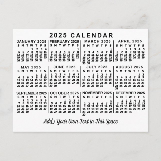 Carte Postale Calendrier mensuel 2025 Classic Blanc et Noir (Devant)