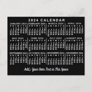 Carte Postale Calendrier mensuel de l'année 2024 Classique Noir 