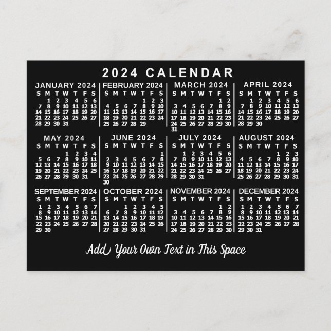 Carte Postale Calendrier mensuel de l'année 2024 Classique Noir  (Devant)