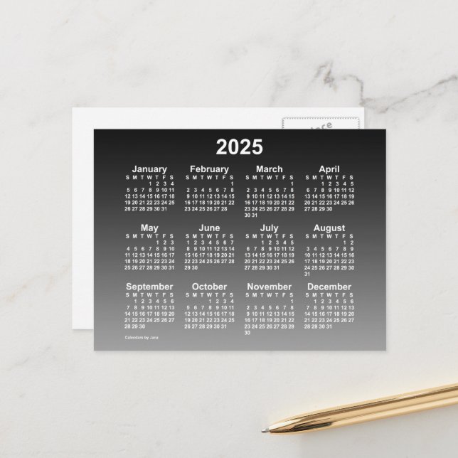 Carte Postale Calendrier mini 2025 noir délavé par Janz (Devant/Arrière en situation)