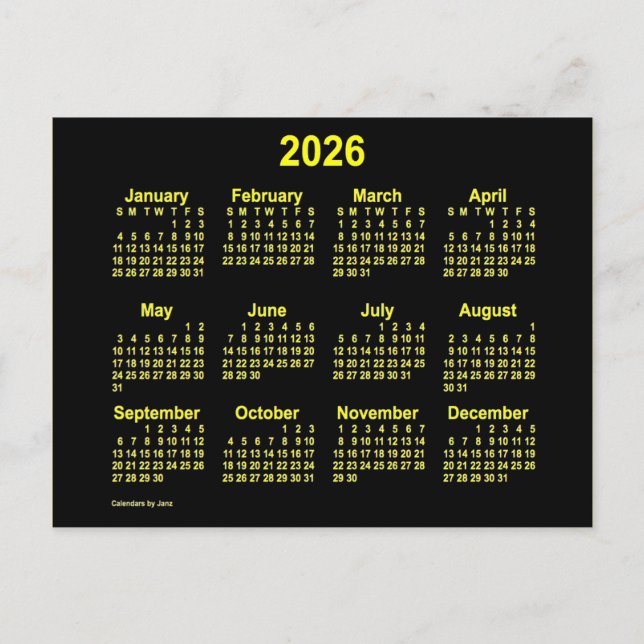 Carte Postale Calendrier Mini 2026 Neon Jaune par Janz (Devant)