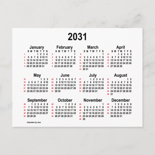 Carte Postale Calendrier mini 52 semaines 2031 Blanc de Janz (Devant)
