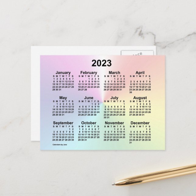 Carte Postale Calendrier mini arc-en-ciel 2023 de Janz (Devant/Arrière en situation)
