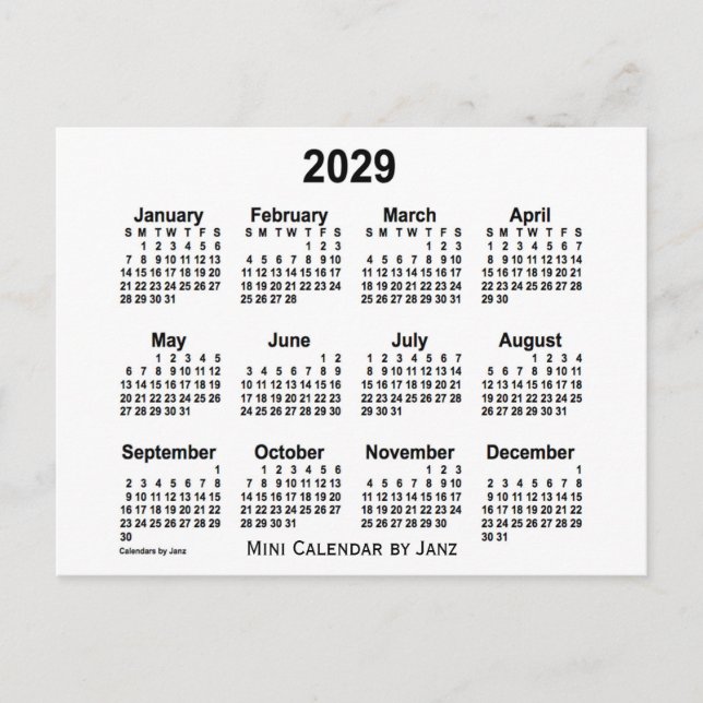 Carte Postale Calendrier Mini Blanc 2029 par Janz (Devant)
