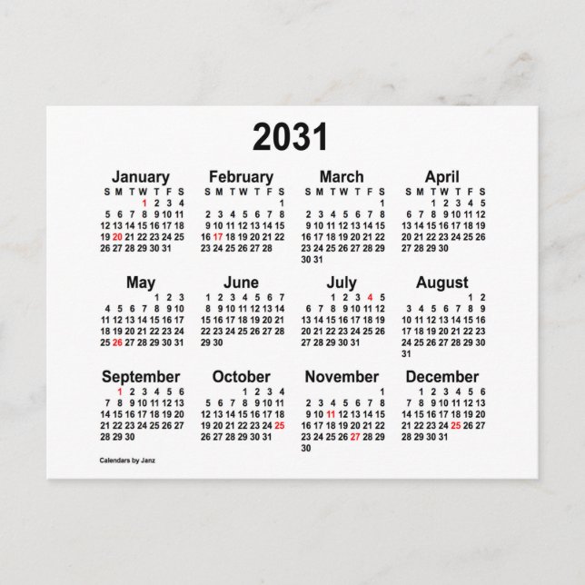 Carte Postale Calendrier Mini de Vacances 2031 par Janz (Devant)