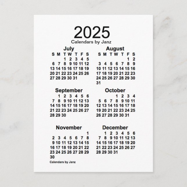 Carte Postale Calendrier mini format 6 mois blanc 2025 de Janz (Devant)