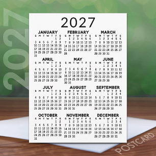 Carte Postale Calendrier minimal 2027 - Vue annuelle Noir Blanc