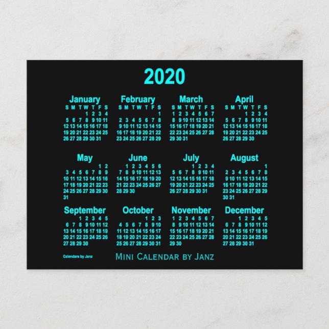 Carte Postale Calendrier Neon Blue Mini 2020 par Janz (Devant)