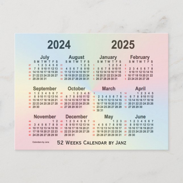 Carte Postale Calendrier Rainbow 52 semaines 2024-2025 par Janz (Devant)