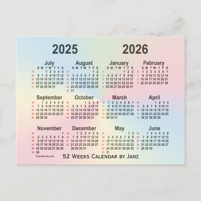 Carte Postale Calendrier Rainbow 52 semaines 2025-2026 par Janz (Devant)