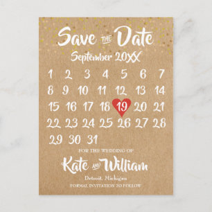 Carte Postale Calendrier Rustique Kraft Red Heart Enregistrer la