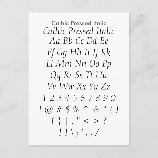 Carte Postale Calhic Pressé Italique - Feuille d'échantillonnage (Devant)