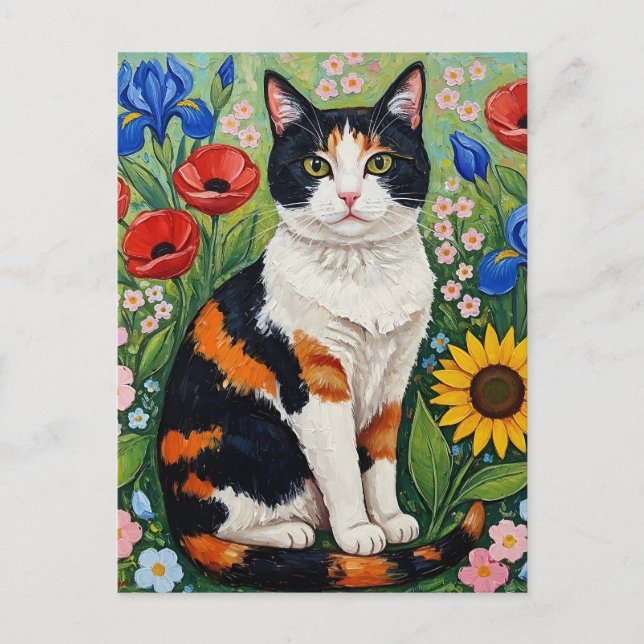 Carte Postale Calico Chat et Fleurs de soleil d'art populaire (Devant)