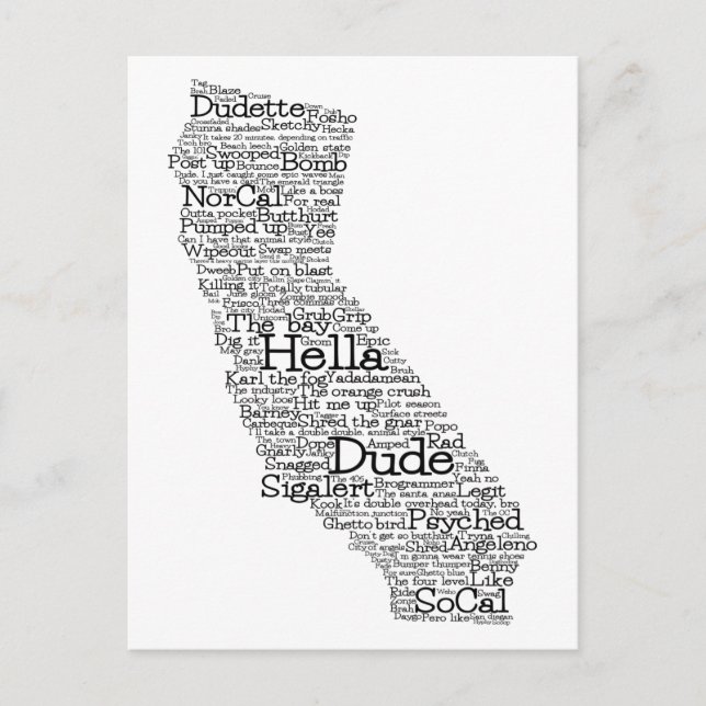 Carte postale California USA Slang Word Art Map (Devant)