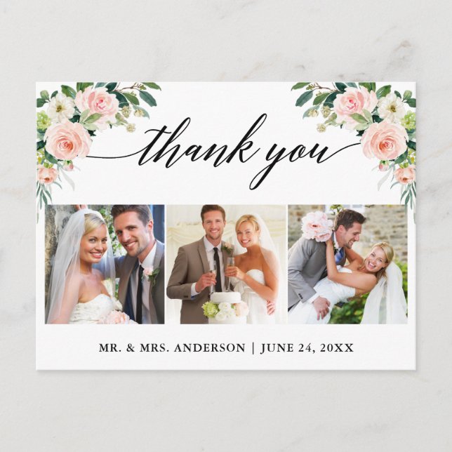 Carte Postale Calligraphie 3 Photo Fleurs Roses Mariage Remercie (Devant)