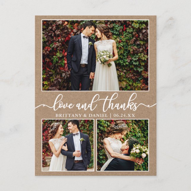 Carte Postale Calligraphie 3 Photo Mariage Remerciement Kraft (Devant)