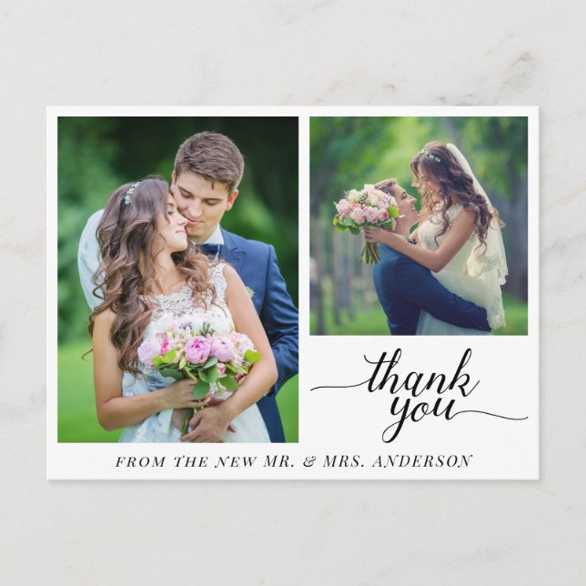 Carte Postale Calligraphie 3 Photos Mariage Merci (Devant)