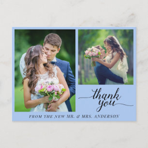 Carte Postale Calligraphie 3 Photos Mariage Merci Bleu clair