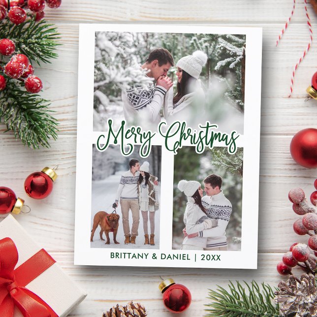 Carte Postale Calligraphie amusante 3 Photo Couple de Noël Vert (Customize to change your personalized text size or text style.)