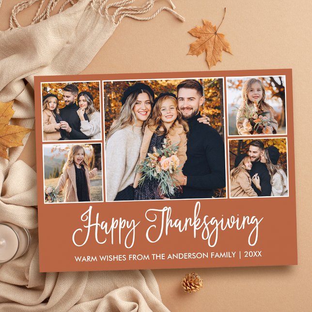 Carte Postale Calligraphie amusante Terracotta 5 Photo Thanksgiv (Customize to change your personalized text size or text style.)
