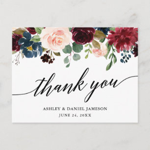 Carte Postale Calligraphie Bourgogne Bleu Floral Mariage Merci