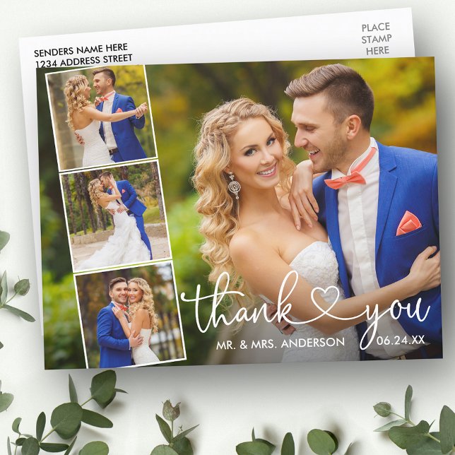 Carte Postale Calligraphie Cœur 4 Photo Mariage Remerciement  (Customize to change your personalized text size or text style.)