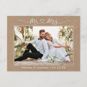 Carte Postale Calligraphie Cœur M. Mme Mariage Kraft Merci