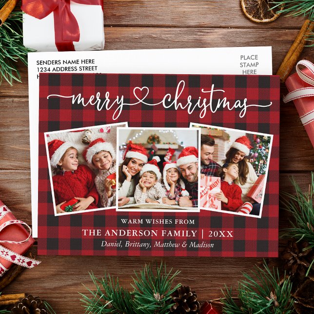 Carte Postale Calligraphie Coeur Noël 3 Photo Rouge Plaid (Customize to change your personalized text size or text style.)