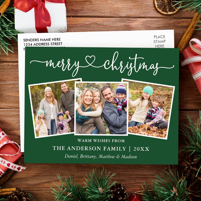 Carte Postale Calligraphie Coeur Noël 3 Photo Vert (Customize to change your personalized text size or text style.)